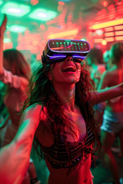 Free photo people dancing surrounded by bright neon lights at a party with virtual reality headset