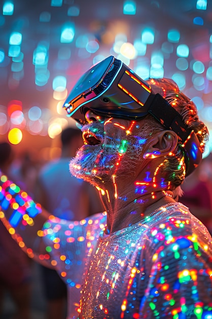 People dancing surrounded by bright neon lights at a party with virtual reality headset