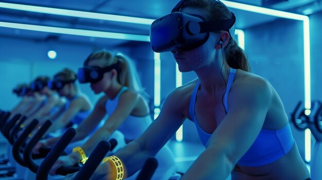 People doing fitness through virtual reality