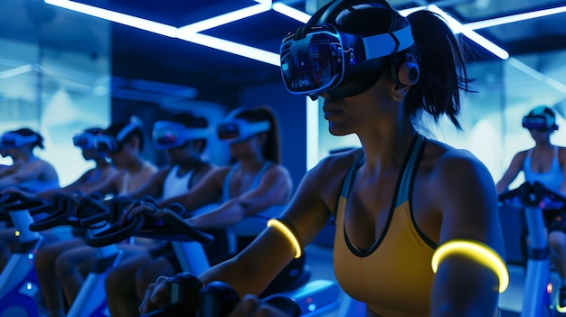 Free photo people doing fitness through virtual reality