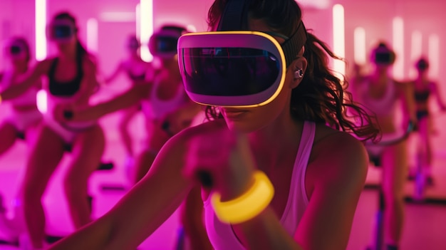 Free photo people doing fitness through virtual reality