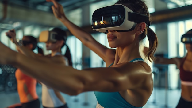 People doing fitness through virtual reality