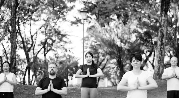 People doing yoga at the park