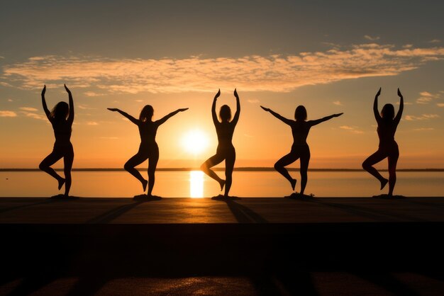 People doing yoga at sunset