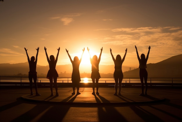 People doing yoga at sunset