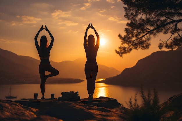 People doing yoga at sunset