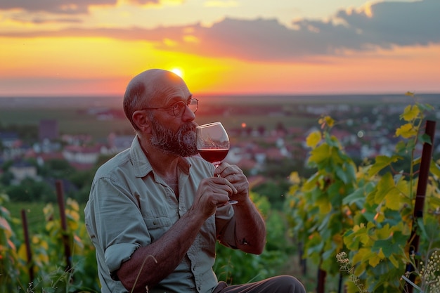 Free photo people enjoying a glass of wine at a vineyard with nature sunset views