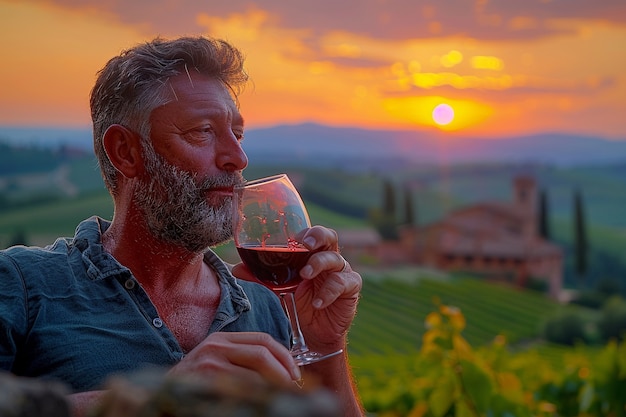 Free photo people enjoying a glass of wine at a vineyard with nature sunset views