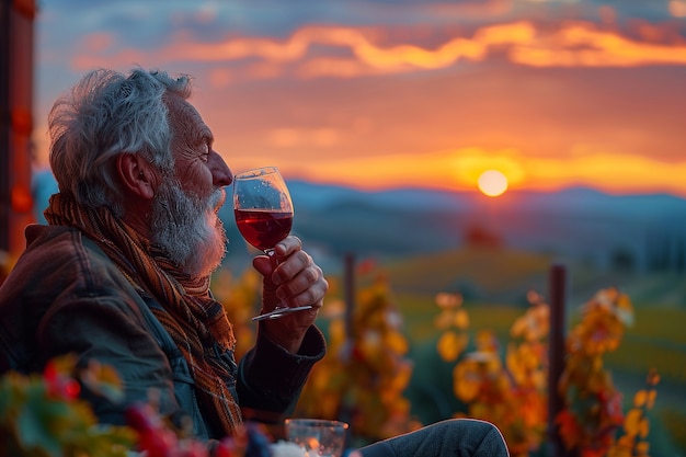 Free Photo people enjoying a glass of wine at a vineyard with nature sunset views