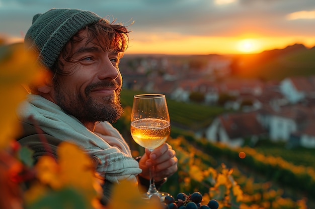 Free photo people enjoying a glass of wine at a vineyard with stunning nature landscape