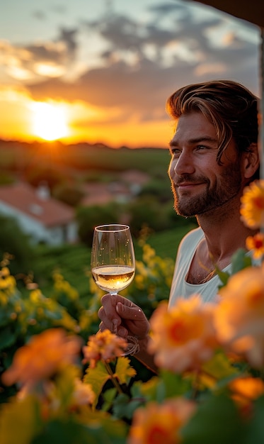 Free Photo people enjoying a glass of wine at a vineyard with stunning nature landscape