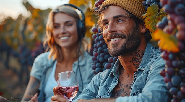 Free photo people enjoying a glass of wine at a vineyard with stunning nature landscape