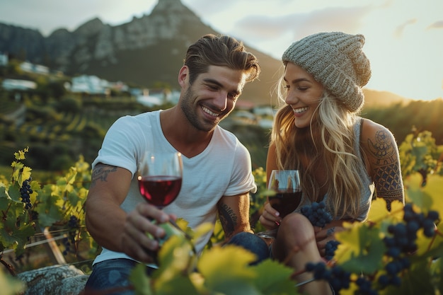 Free photo people enjoying a glass of wine at a vineyard with stunning nature landscape