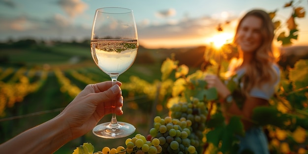 Free Photo people enjoying a glass of wine at a vineyard with stunning nature landscape