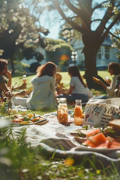 People enjoying a summer picnic day together outdoors