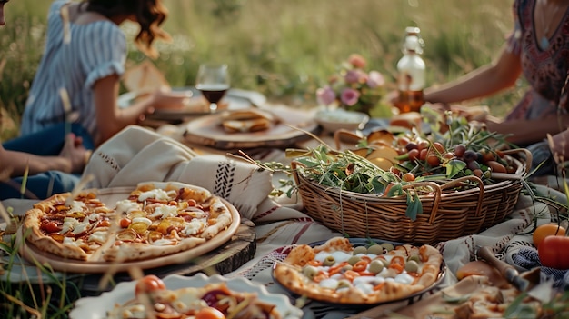 People enjoying a summer picnic day together outdoors