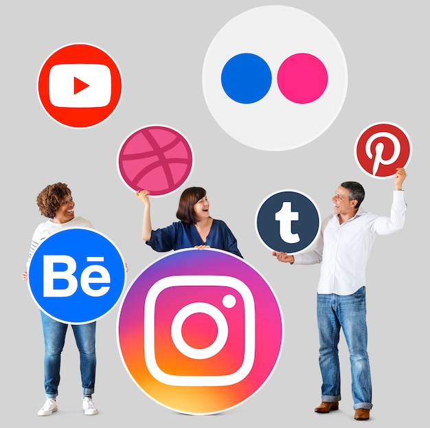 Free photo people holding icons of digital brands