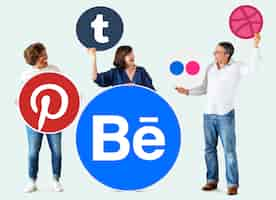 Free photo people holding icons of digital brands