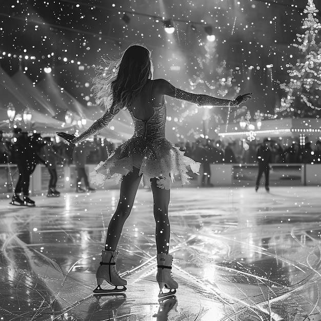 People ice skating in black and white