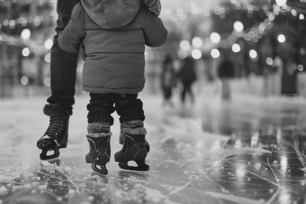 People ice skating in black and white