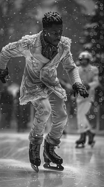 People ice skating in black and white