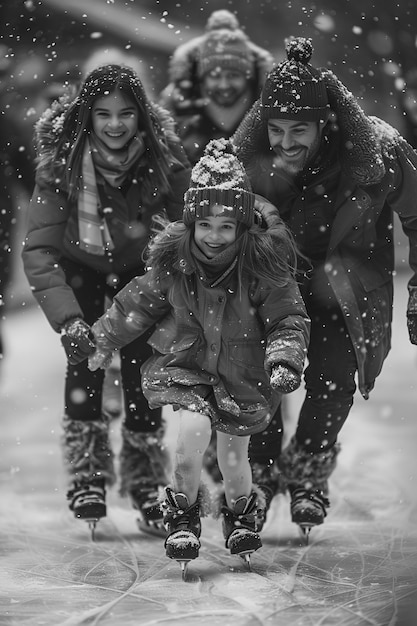 People ice skating in black and white