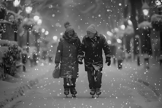 People ice skating in black and white