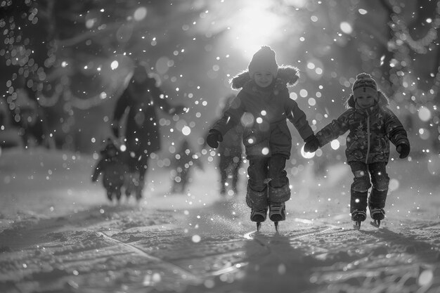 People ice skating in black and white