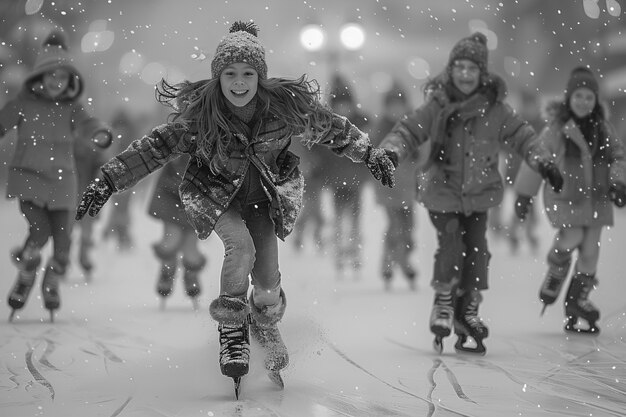 People ice skating in black and white