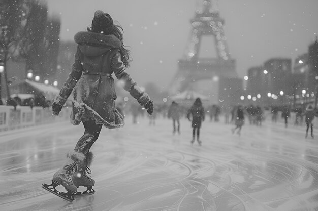 People ice skating in black and white