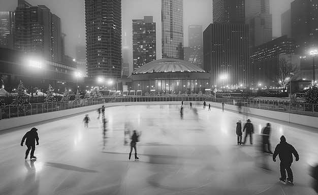 People ice skating in black and white