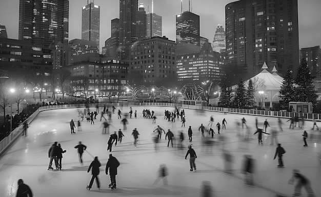 People ice skating in black and white