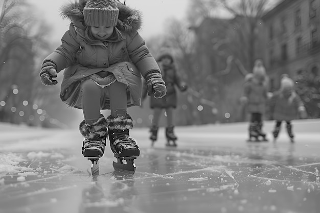 Free photo people ice skating in black and white