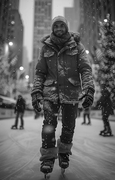 Free photo people ice skating in black and white