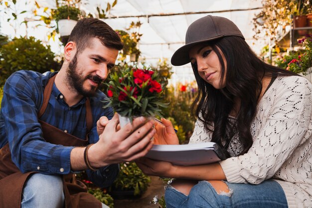 People inspecting flower in greenhouse