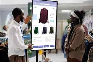 Free photo people look at clothing kiosk service