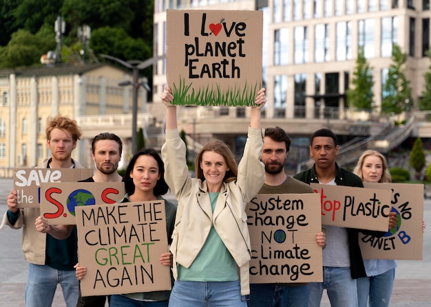 People marching together in global warming protest