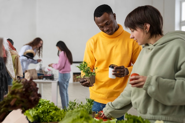 People meeting at a barter event to exchange goods