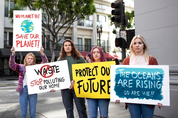 Free photo people protesting with placard in the city for world environment day