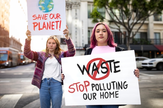 People protesting with placard in the city for world environment day