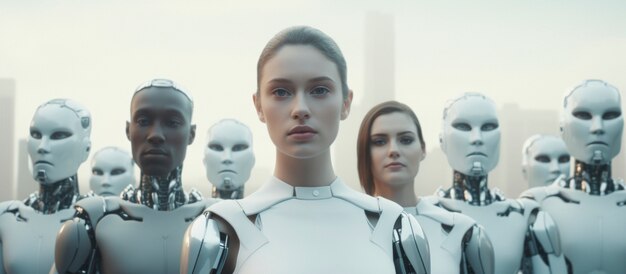 People and robots posing together