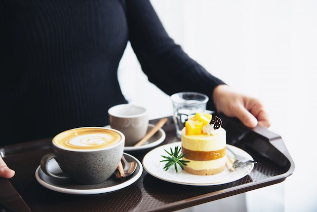 People serve beautiful fresh relax morning coffee cup set 