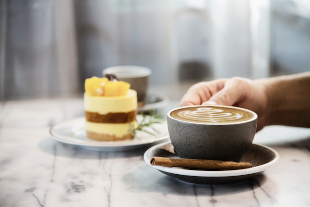 People serve beautiful fresh relax morning coffee cup set 