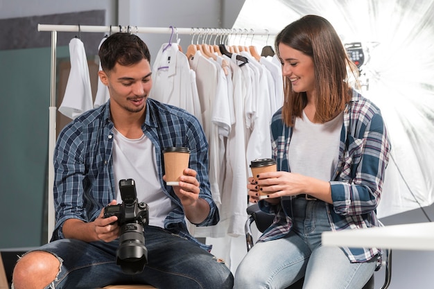 People taking in a photo shooting studio