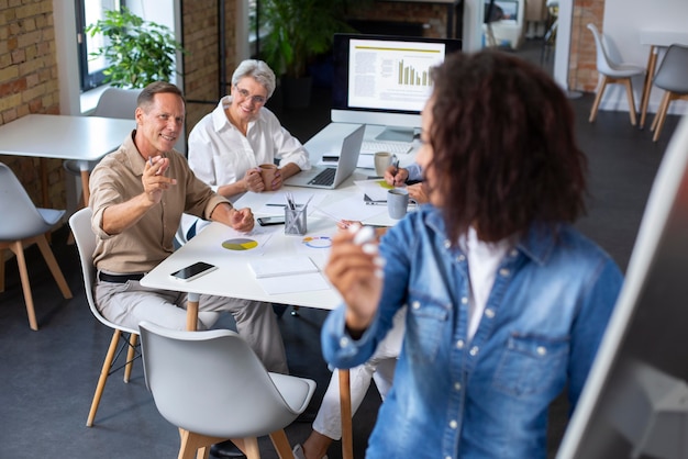 People using digital device while in a meeting