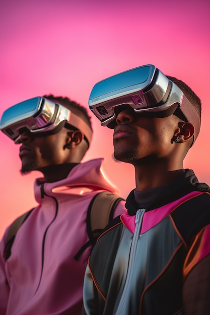 Free photo people wearing futuristic high tech virtual reality glasses