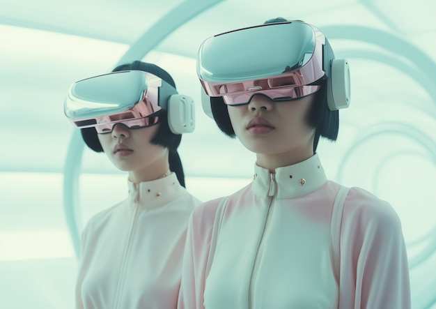 Free photo people wearing futuristic high tech virtual reality glasses