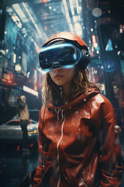 People wearing futuristic high tech virtual reality glasses