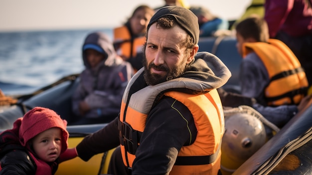 Free Photo people wearing life jackets in a migration crisis