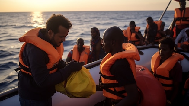 People wearing life jackets in a migration crisis